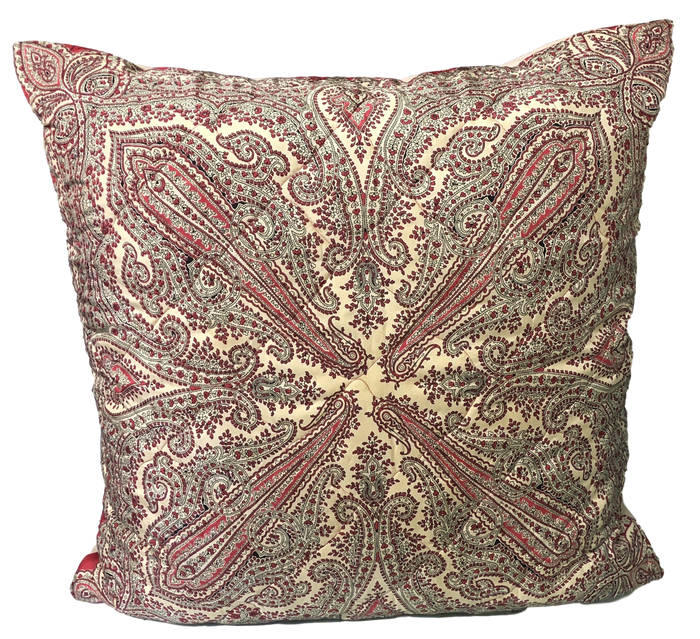 Vintage Pink & Red Paisley Silk Twill Scarf Throw Pillow w/ Feather Insert