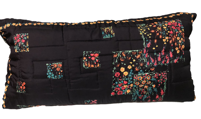 Vintage Black & Floral Silk Twill Scarf Pillow w/ Feather Insert