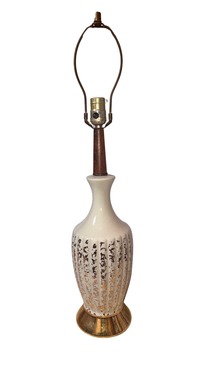 Mid-Century Ceramic Gold and Wooden Lamp