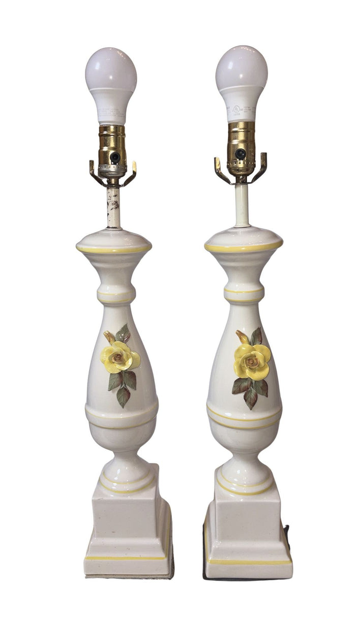 Antique Italian Yellow Floral Trophy Lamps