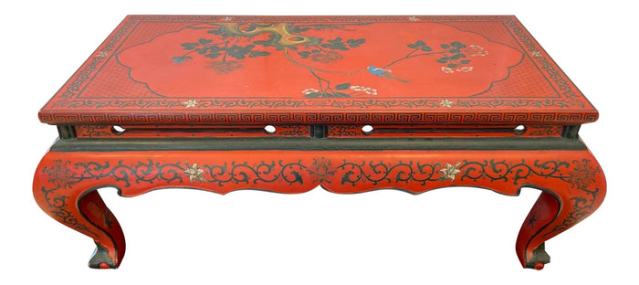 Red Lacquer & Hand Painted Oriental Cocktail Table