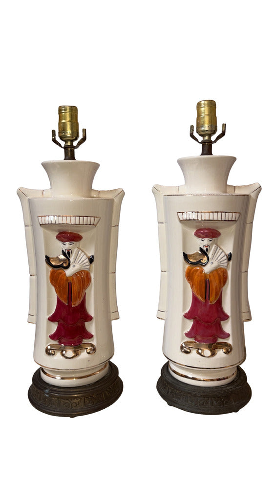 Pair of Painted Ceramic Oriental Lamps
