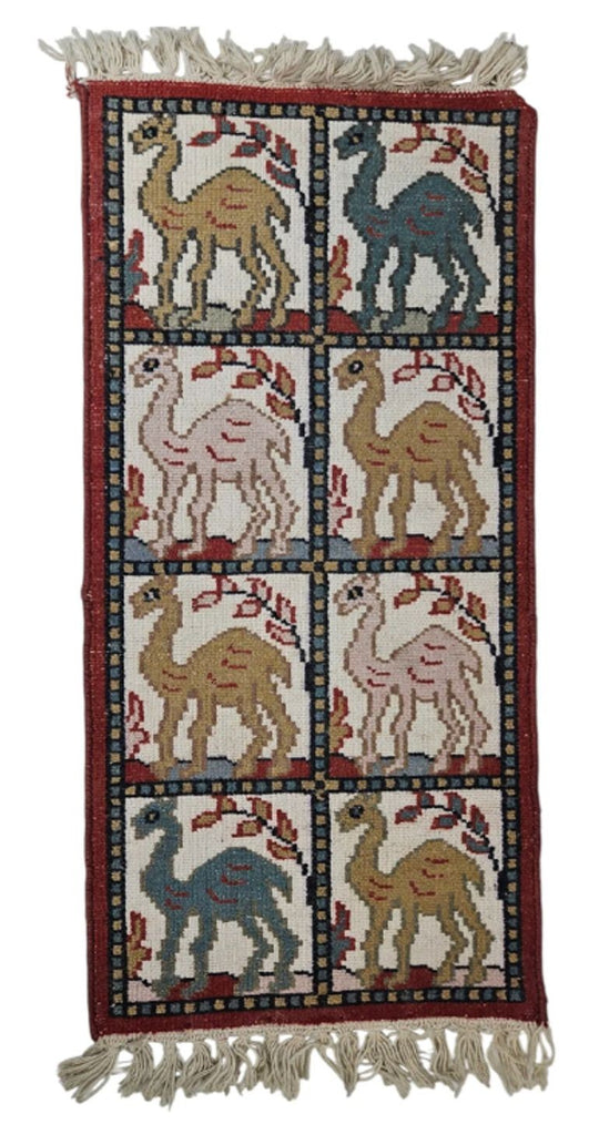 Vintage Hand Woven Afghan Kilim Rug Pictoral Camels