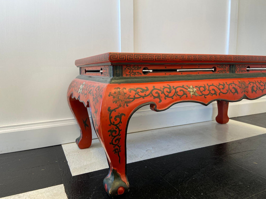 Red Lacquer & Hand Painted Oriental Cocktail Table