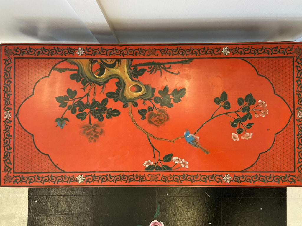 Red Lacquer & Hand Painted Oriental Cocktail Table