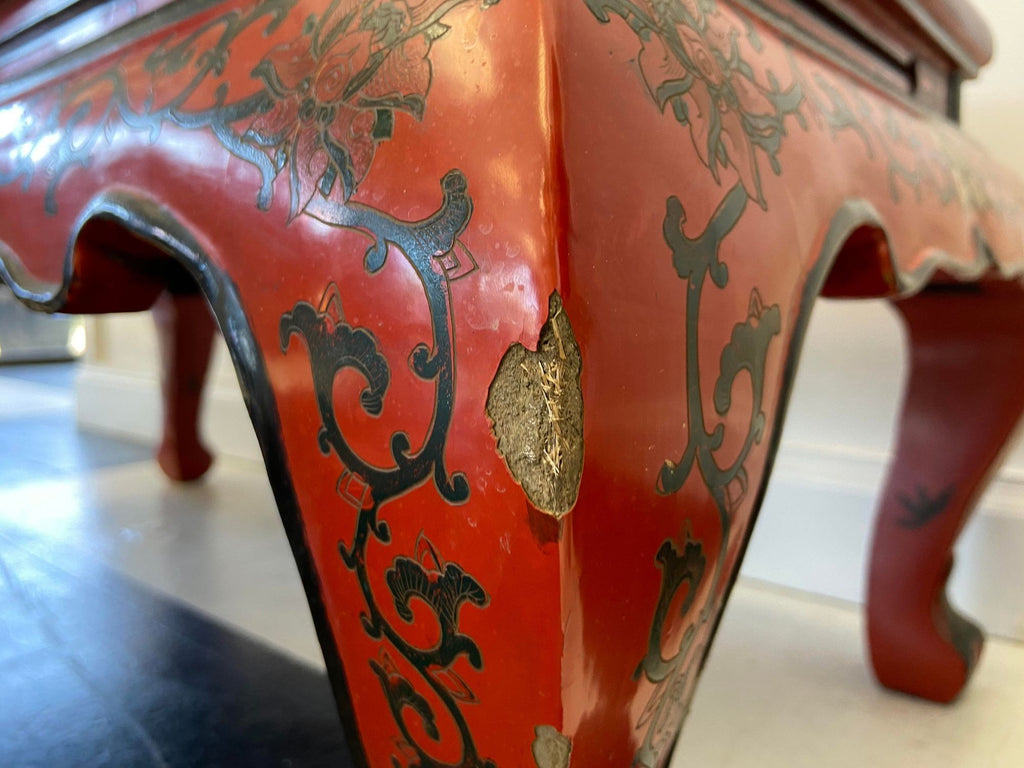 Red Lacquer & Hand Painted Oriental Cocktail Table