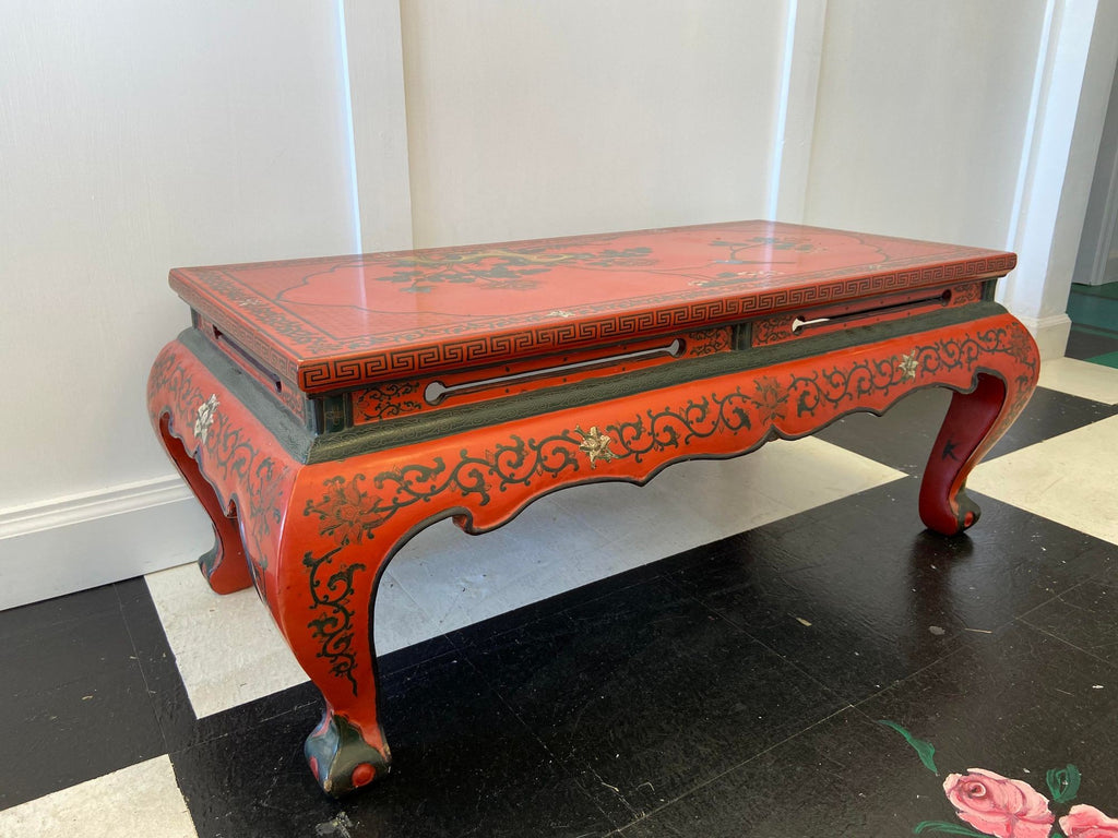 Red Lacquer & Hand Painted Oriental Cocktail Table