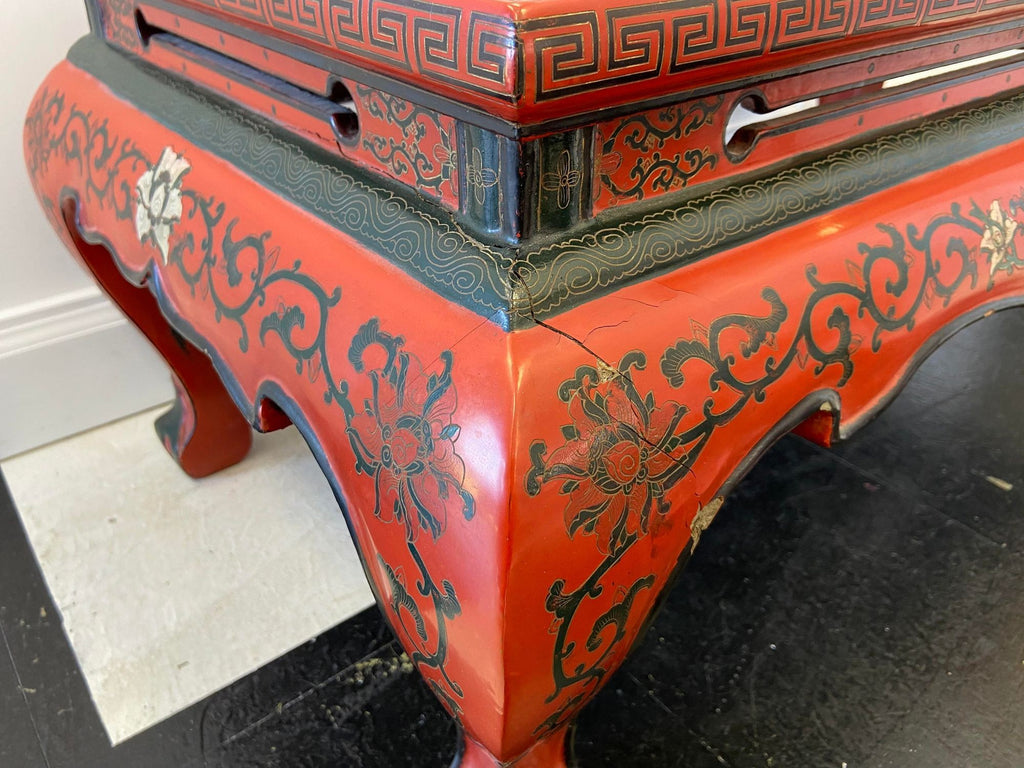 Red Lacquer & Hand Painted Oriental Cocktail Table
