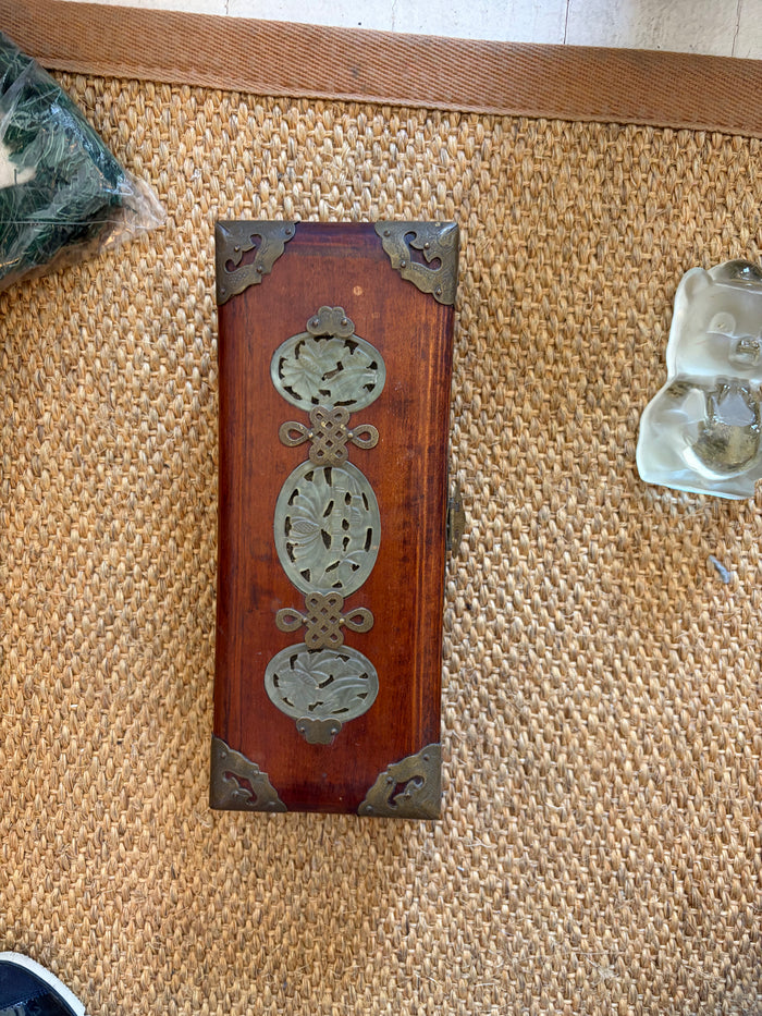 Wood and Jade Jewelry Box with Engraved Brass Fittings