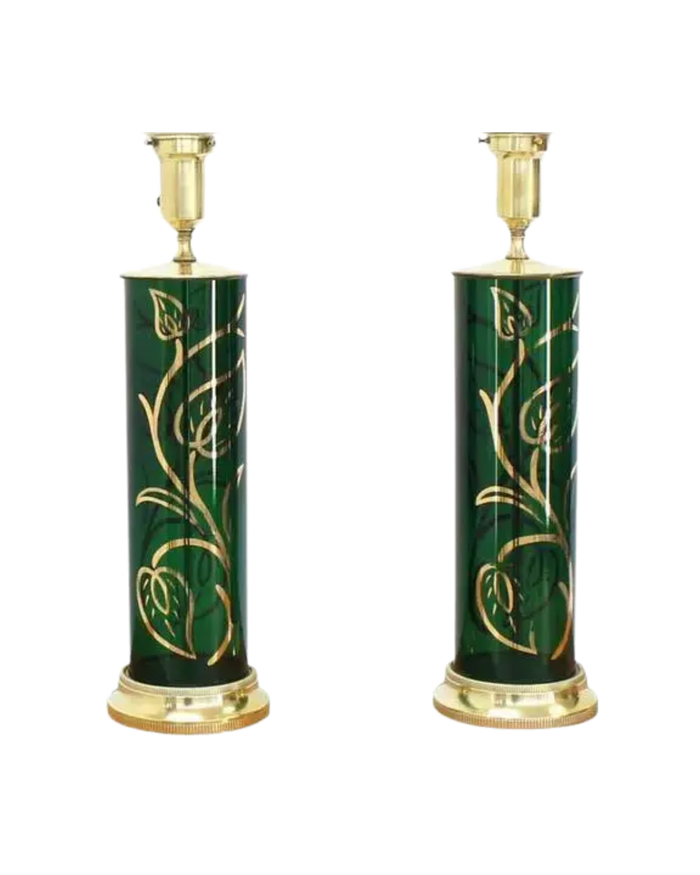 Vintage Emerald Green Gold Decorated Table Lamps