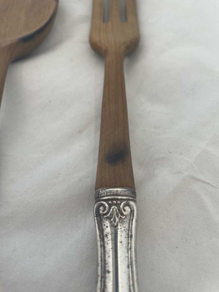 Wooden Salad Serving Spoon and Fork with Sterling Silver Handles