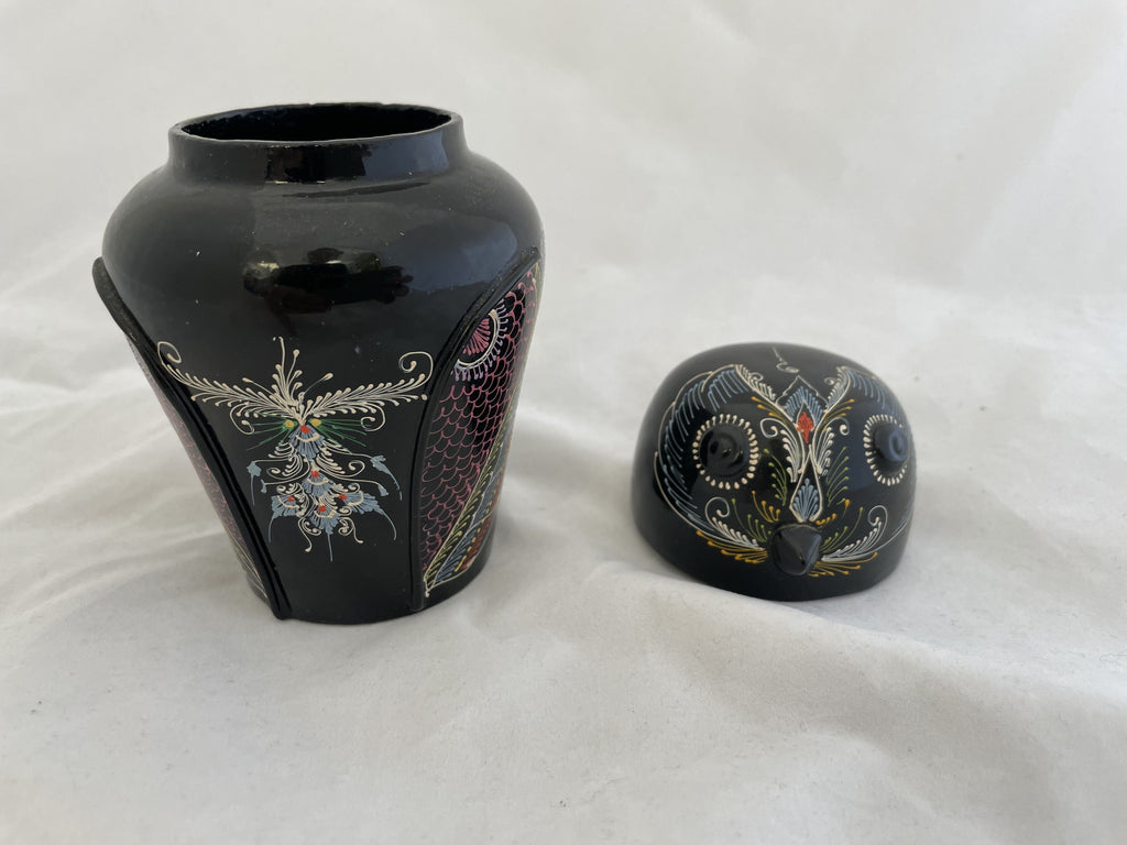Vintage Black Lacquer Owl Trinket Box