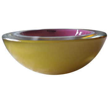 This medium-sized, thick walled glass bowl is geode-cut and layered with pink, white and mustard-colored glass. This gorgeous Sommerso Murano bowl is from the now-closed Barbini Factory in Murano, Italy, circa 1960. Perfect for the vintage glass collector or an individual looking to achieve that luxurious, high-end look in their home.