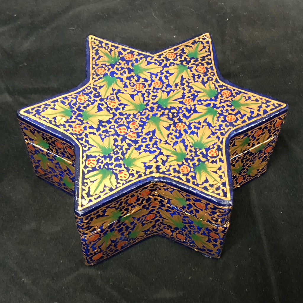 Blue, Green, and Gold Hand-Painted Star-Shaped Lacquer Box