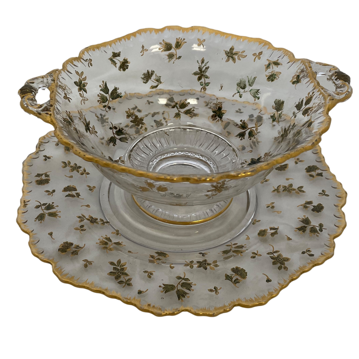 Glass Serving Bowl and Plate with Gold Floral Inlay