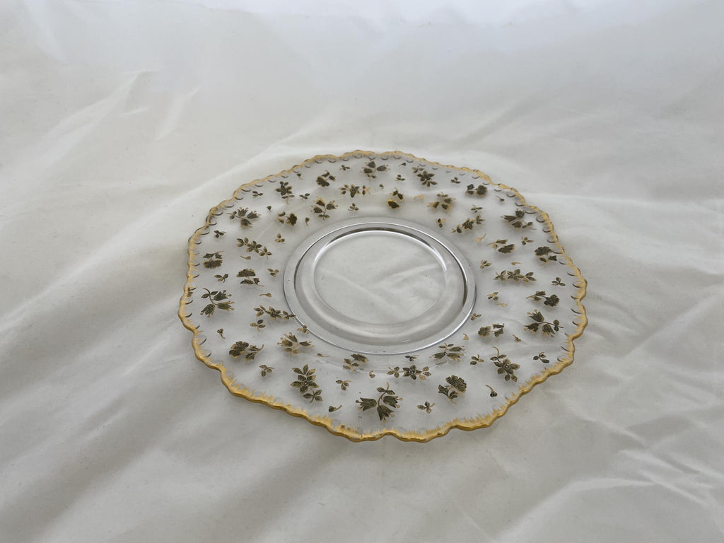 Glass Serving Bowl and Plate with Gold Floral Inlay