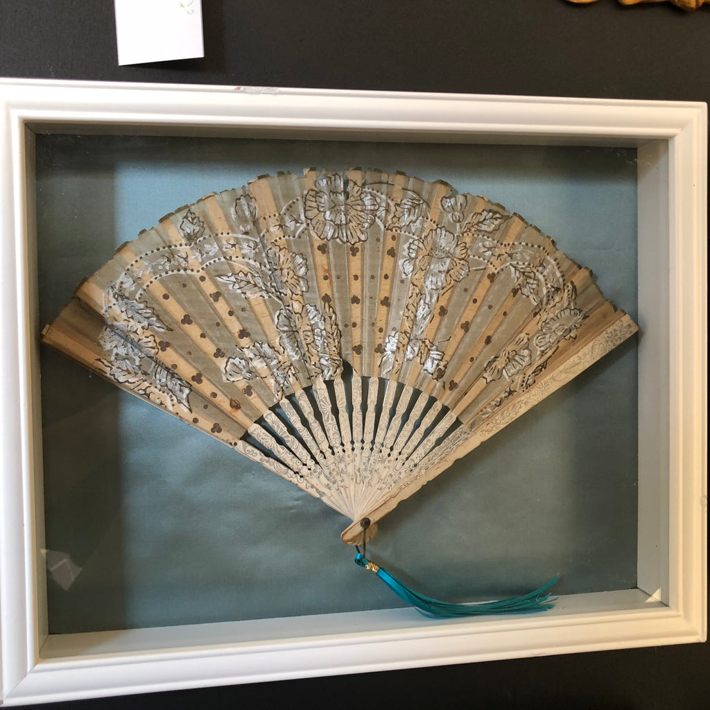 Set of 4 Antique Fans Mounted on Satin in Shadow Boxes