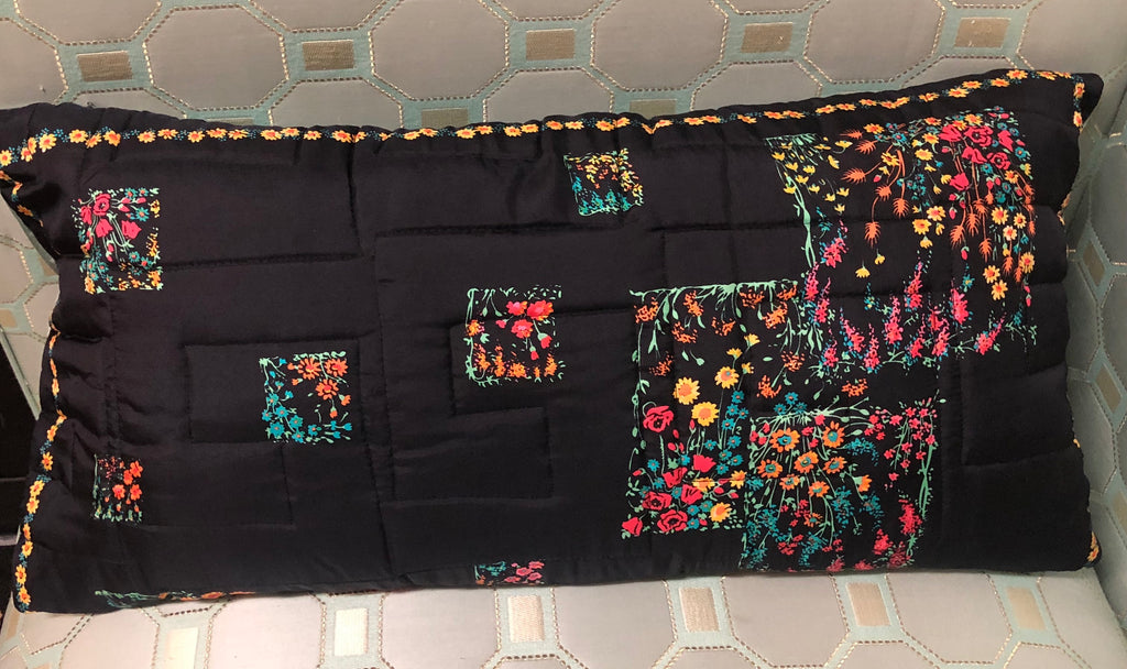 Vintage Black & Floral Silk Twill Scarf Pillow w/ Feather Insert
