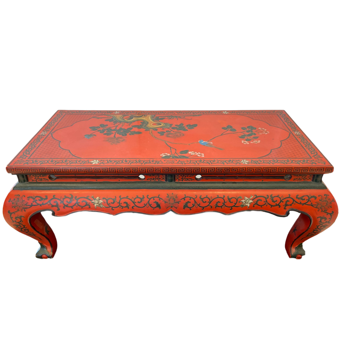 Red Lacquer & Hand Painted Oriental Cocktail Table