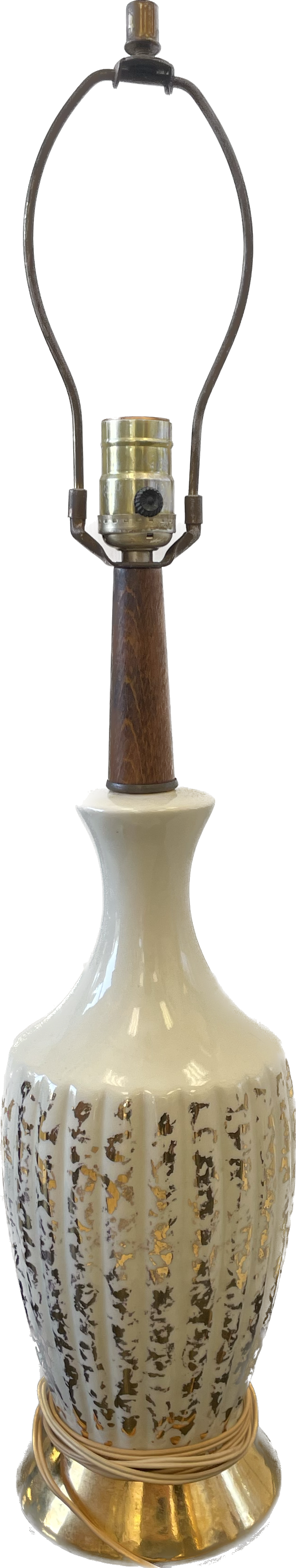 Mid Century Ceramic Gold and Wooden Lamp