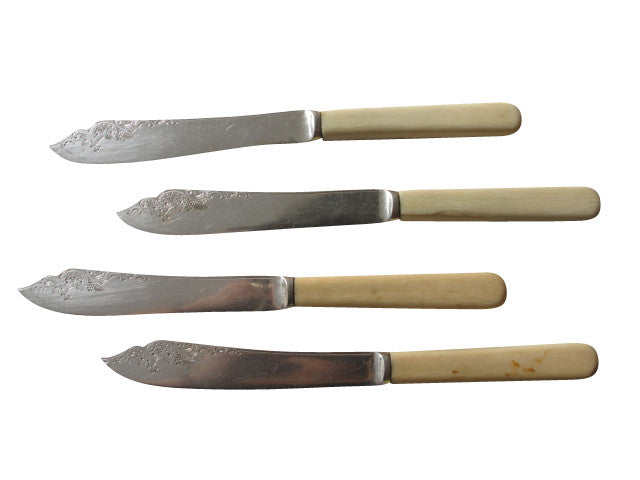Set of 4 silver-plated, engraved knives with bone handle detail. Produced by Mappin & Webb circa 1887.